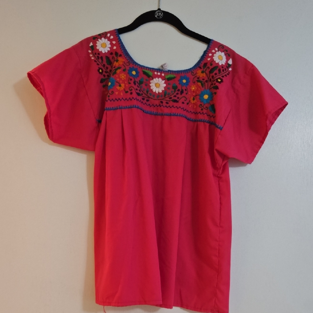 Pink Blouse with Colorful Floral Embroidery
